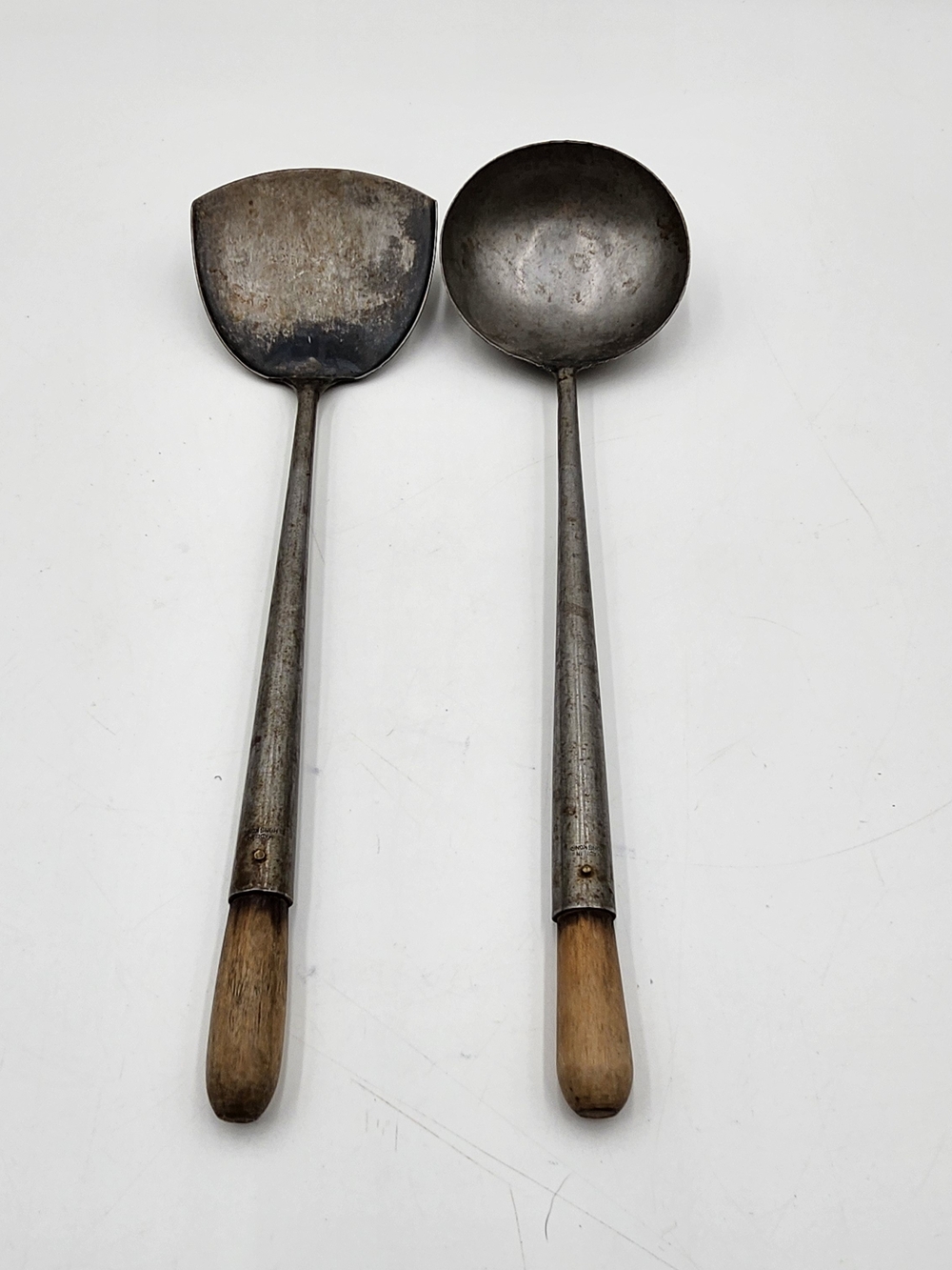 Vintage Hand Forged Metal Wok Tools Wood Primitive Hong Kong spatula ladle